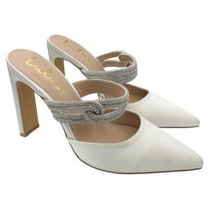 Lulu's Celine satin white pointed toe mules rhinestone strap women’s Size 7.5
